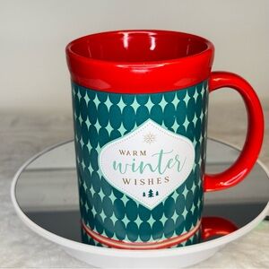 Warm Winter Wishes Holiday Mug – Red & Teal Ceramic – Dishwasher/Microwave Safe